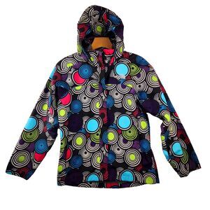 North Face Youth Girls L Windbreaker Rain Jacket Multi Circles Packable Hood
